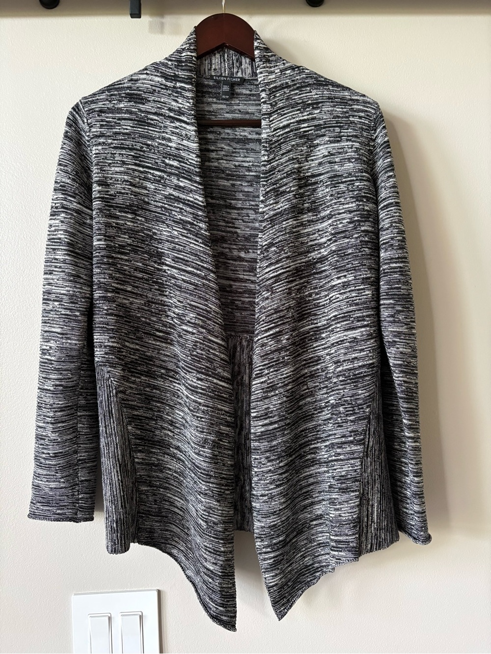 Eileen Fisher Marled Black and Gray Open Cardigan 80% Silk 20% Cotton